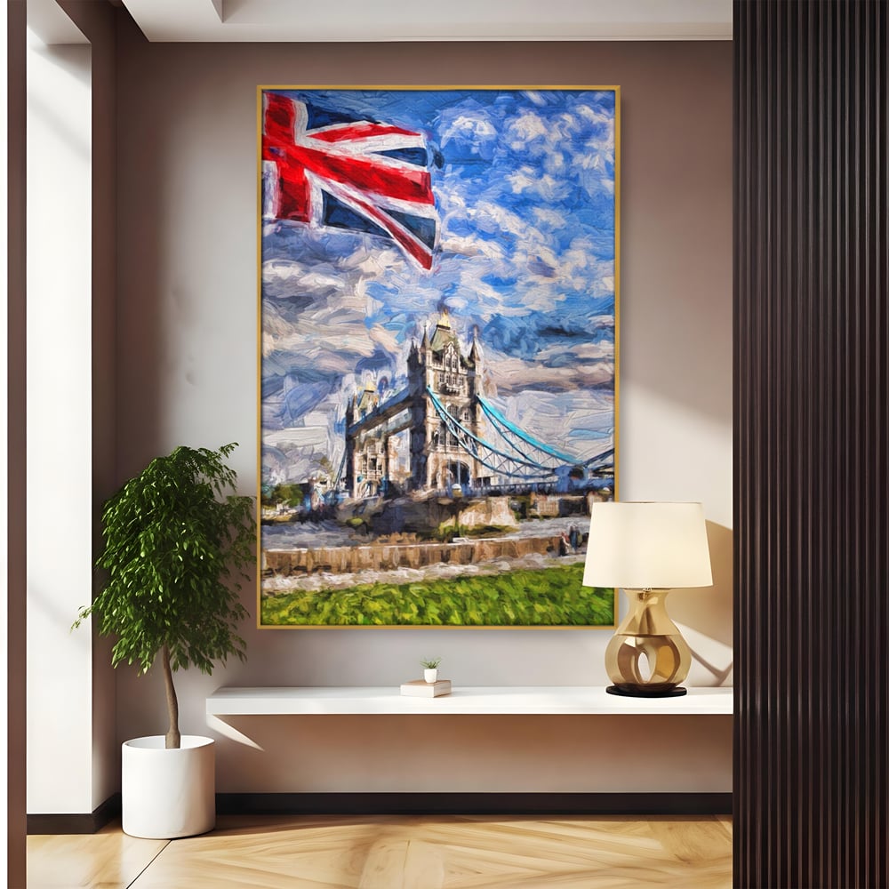 Tablou canvas cu tablou canvas cu tower bridge si steagul marii britanii, in rama de aluminiu auriu